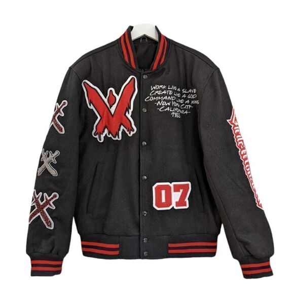 VM Quote Virile Monarch Wool Black & Red Varsity Jacket Men's Size S/M - Picture 1 of 12